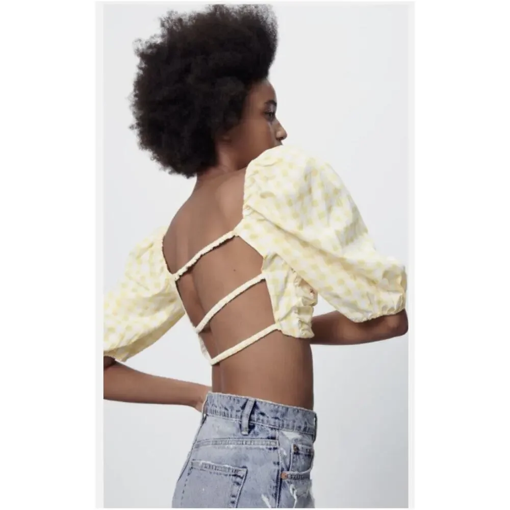 Zara Womens Yellow Gingham Puff Sleeve Cropped Blouse Large